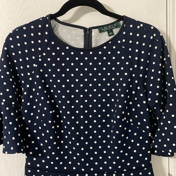Ralph Lauren Like New Navy & White Polka Dot Midi Sheath Flounce Dress 4 - Picture 4 of 8